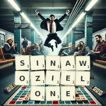 Kreatywna ilustracja do gry w Scrabble ze słowem SINAWOZIELONE ułożonym z płytek na planszy.