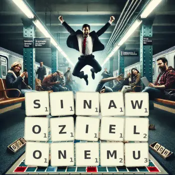 Kreatywna ilustracja do gry w Scrabble ze słowem SINAWOZIELONEMU ułożonym z płytek na planszy.