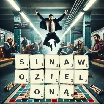 Kreatywna ilustracja do gry w Scrabble ze słowem SINAWOZIELONĄ ułożonym z płytek na planszy.