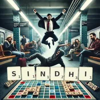 Kreatywna ilustracja do gry w Scrabble ze słowem SINDHI ułożonym z płytek na planszy.