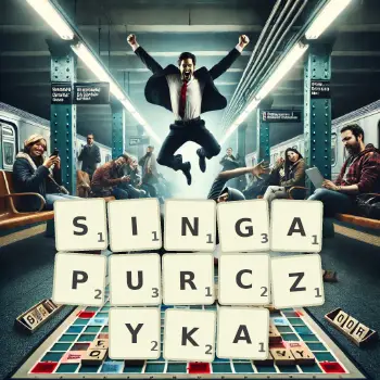 Kreatywna ilustracja do gry w Scrabble ze słowem SINGAPURCZYKA ułożonym z płytek na planszy.