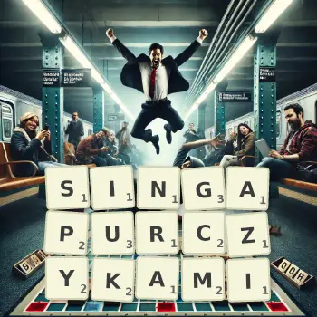 Kreatywna ilustracja do gry w Scrabble ze słowem SINGAPURCZYKAMI ułożonym z płytek na planszy.