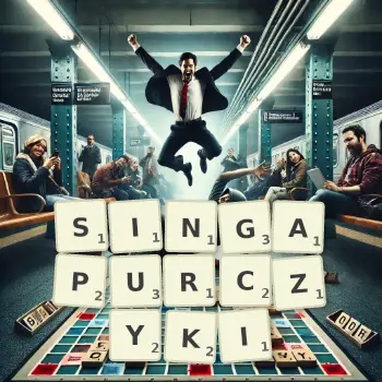 Kreatywna ilustracja do gry w Scrabble ze słowem SINGAPURCZYKI ułożonym z płytek na planszy.