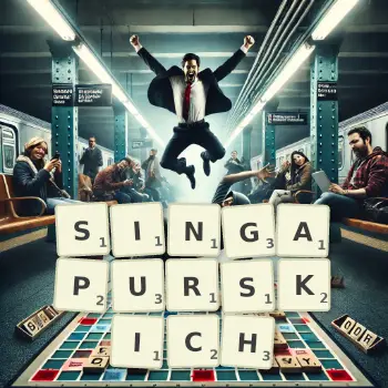 Kreatywna ilustracja do gry w Scrabble ze słowem SINGAPURSKICH ułożonym z płytek na planszy.