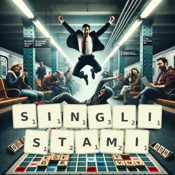 Kreatywna ilustracja do gry w Scrabble ze słowem SINGLISTAMI ułożonym z płytek na planszy.