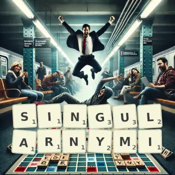 Kreatywna ilustracja do gry w Scrabble ze słowem SINGULARNYMI ułożonym z płytek na planszy.