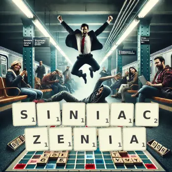 Kreatywna ilustracja do gry w Scrabble ze słowem SINIACZENIA ułożonym z płytek na planszy.