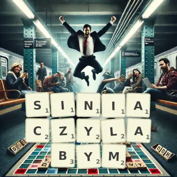 Kreatywna ilustracja do gry w Scrabble ze słowem SINIACZYLABYM ułożonym z płytek na planszy.