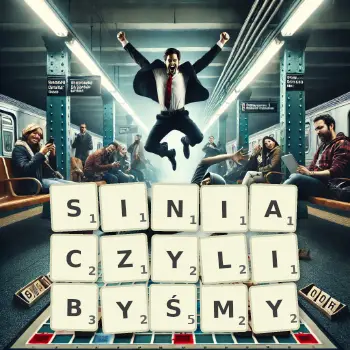Kreatywna ilustracja do gry w Scrabble ze słowem SINIACZYLIBYŚMY ułożonym z płytek na planszy.