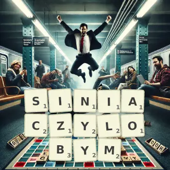 Kreatywna ilustracja do gry w Scrabble ze słowem SINIACZYLOBYM ułożonym z płytek na planszy.
