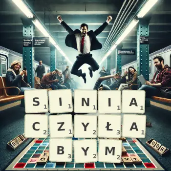 Kreatywna ilustracja do gry w Scrabble ze słowem SINIACZYŁABYM ułożonym z płytek na planszy.