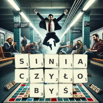 Kreatywna ilustracja do gry w Scrabble ze słowem SINIACZYŁOBYŚ ułożonym z płytek na planszy.