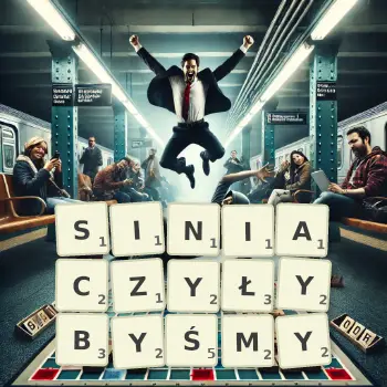 Kreatywna ilustracja do gry w Scrabble ze słowem SINIACZYŁYBYŚMY ułożonym z płytek na planszy.