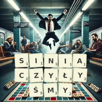 Kreatywna ilustracja do gry w Scrabble ze słowem SINIACZYŁYŚMY ułożonym z płytek na planszy.
