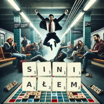 Kreatywna ilustracja do gry w Scrabble ze słowem SINIAŁEM ułożonym z płytek na planszy.