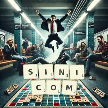 Kreatywna ilustracja do gry w Scrabble ze słowem SINICOM ułożonym z płytek na planszy.