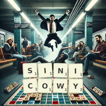 Kreatywna ilustracja do gry w Scrabble ze słowem SINICOWY ułożonym z płytek na planszy.