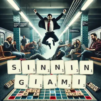 Kreatywna ilustracja do gry w Scrabble ze słowem SINNINGIAMI ułożonym z płytek na planszy.