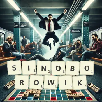 Kreatywna ilustracja do gry w Scrabble ze słowem SINOBOROWIK ułożonym z płytek na planszy.