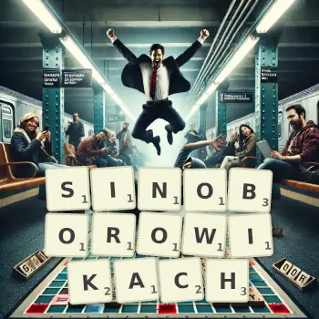 Kreatywna ilustracja do gry w Scrabble ze słowem SINOBOROWIKACH ułożonym z płytek na planszy.