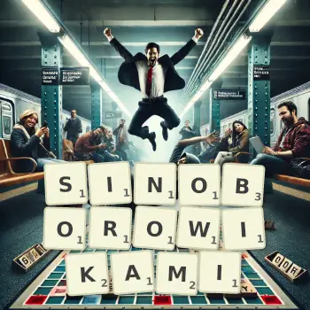 Kreatywna ilustracja do gry w Scrabble ze słowem SINOBOROWIKAMI ułożonym z płytek na planszy.