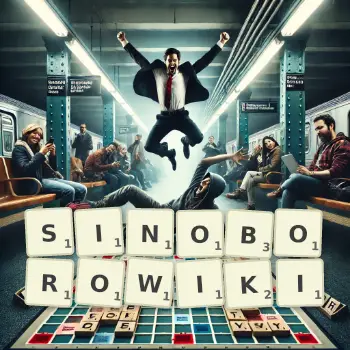 Kreatywna ilustracja do gry w Scrabble ze słowem SINOBOROWIKI ułożonym z płytek na planszy.