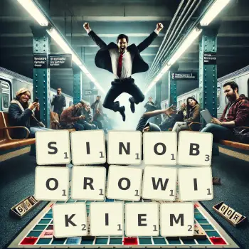 Kreatywna ilustracja do gry w Scrabble ze słowem SINOBOROWIKIEM ułożonym z płytek na planszy.