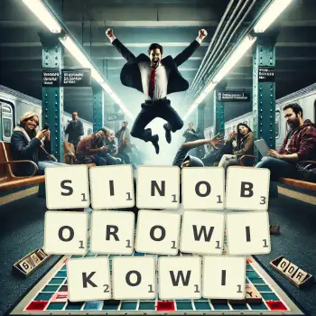 Kreatywna ilustracja do gry w Scrabble ze słowem SINOBOROWIKOWI ułożonym z płytek na planszy.