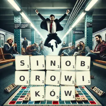Kreatywna ilustracja do gry w Scrabble ze słowem SINOBOROWIKÓW ułożonym z płytek na planszy.