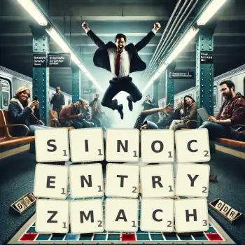 Kreatywna ilustracja do gry w Scrabble ze słowem SINOCENTRYZMACH ułożonym z płytek na planszy.