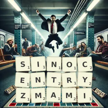 Kreatywna ilustracja do gry w Scrabble ze słowem SINOCENTRYZMAMI ułożonym z płytek na planszy.