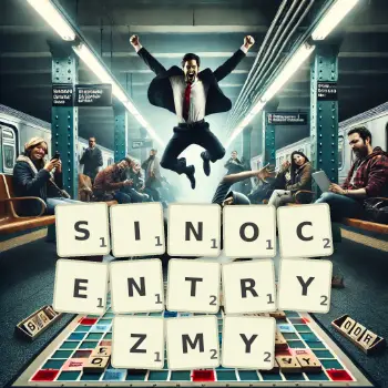 Kreatywna ilustracja do gry w Scrabble ze słowem SINOCENTRYZMY ułożonym z płytek na planszy.