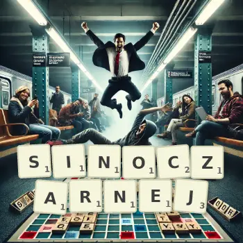 Kreatywna ilustracja do gry w Scrabble ze słowem SINOCZARNEJ ułożonym z płytek na planszy.