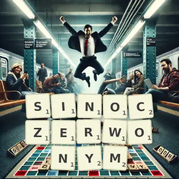 Kreatywna ilustracja do gry w Scrabble ze słowem SINOCZERWONYM ułożonym z płytek na planszy.