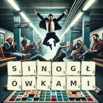 Kreatywna ilustracja do gry w Scrabble ze słowem SINOGŁÓWKAMI ułożonym z płytek na planszy.