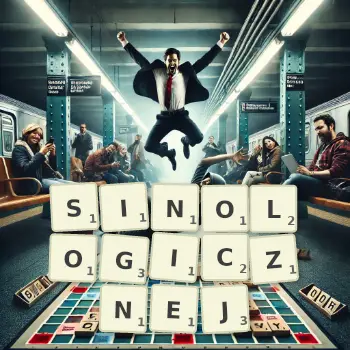 Kreatywna ilustracja do gry w Scrabble ze słowem SINOLOGICZNEJ ułożonym z płytek na planszy.