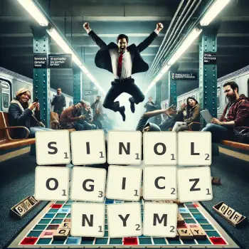 Kreatywna ilustracja do gry w Scrabble ze słowem SINOLOGICZNYM ułożonym z płytek na planszy.