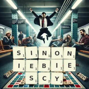 Kreatywna ilustracja do gry w Scrabble ze słowem SINONIEBIESCY ułożonym z płytek na planszy.