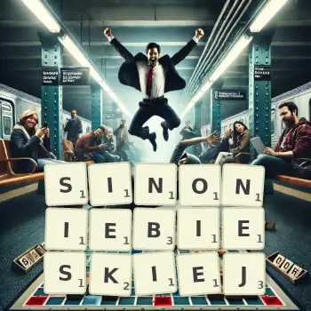 Kreatywna ilustracja do gry w Scrabble ze słowem SINONIEBIESKIEJ ułożonym z płytek na planszy.