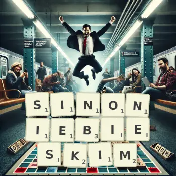 Kreatywna ilustracja do gry w Scrabble ze słowem SINONIEBIESKIM ułożonym z płytek na planszy.