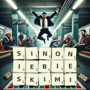 Kreatywna ilustracja do gry w Scrabble ze słowem SINONIEBIESKIMI ułożonym z płytek na planszy.