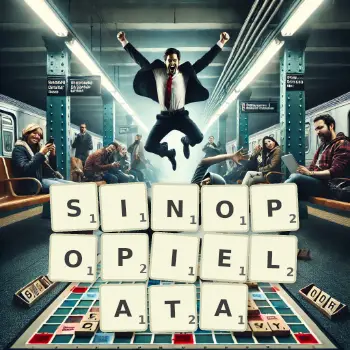 Kreatywna ilustracja do gry w Scrabble ze słowem SINOPOPIELATA ułożonym z płytek na planszy.