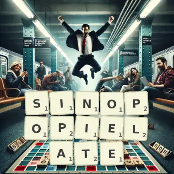 Kreatywna ilustracja do gry w Scrabble ze słowem SINOPOPIELATE ułożonym z płytek na planszy.