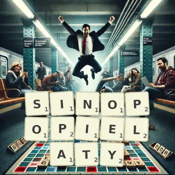 Kreatywna ilustracja do gry w Scrabble ze słowem SINOPOPIELATY ułożonym z płytek na planszy.