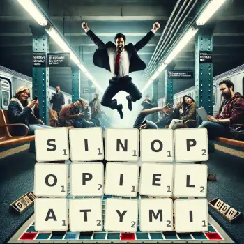 Kreatywna ilustracja do gry w Scrabble ze słowem SINOPOPIELATYMI ułożonym z płytek na planszy.