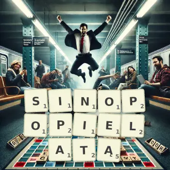 Kreatywna ilustracja do gry w Scrabble ze słowem SINOPOPIELATĄ ułożonym z płytek na planszy.