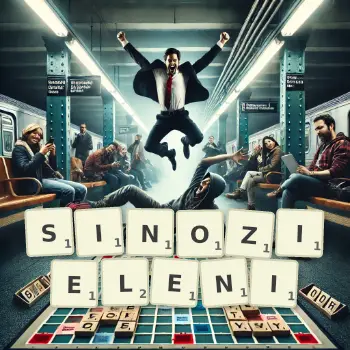 Kreatywna ilustracja do gry w Scrabble ze słowem SINOZIELENI ułożonym z płytek na planszy.