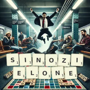 Kreatywna ilustracja do gry w Scrabble ze słowem SINOZIELONE ułożonym z płytek na planszy.