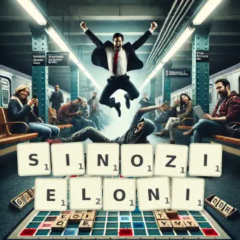 Kreatywna ilustracja do gry w Scrabble ze słowem SINOZIELONI ułożonym z płytek na planszy.