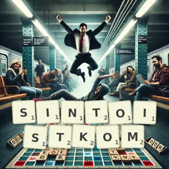 Kreatywna ilustracja do gry w Scrabble ze słowem SINTOISTKOM ułożonym z płytek na planszy.